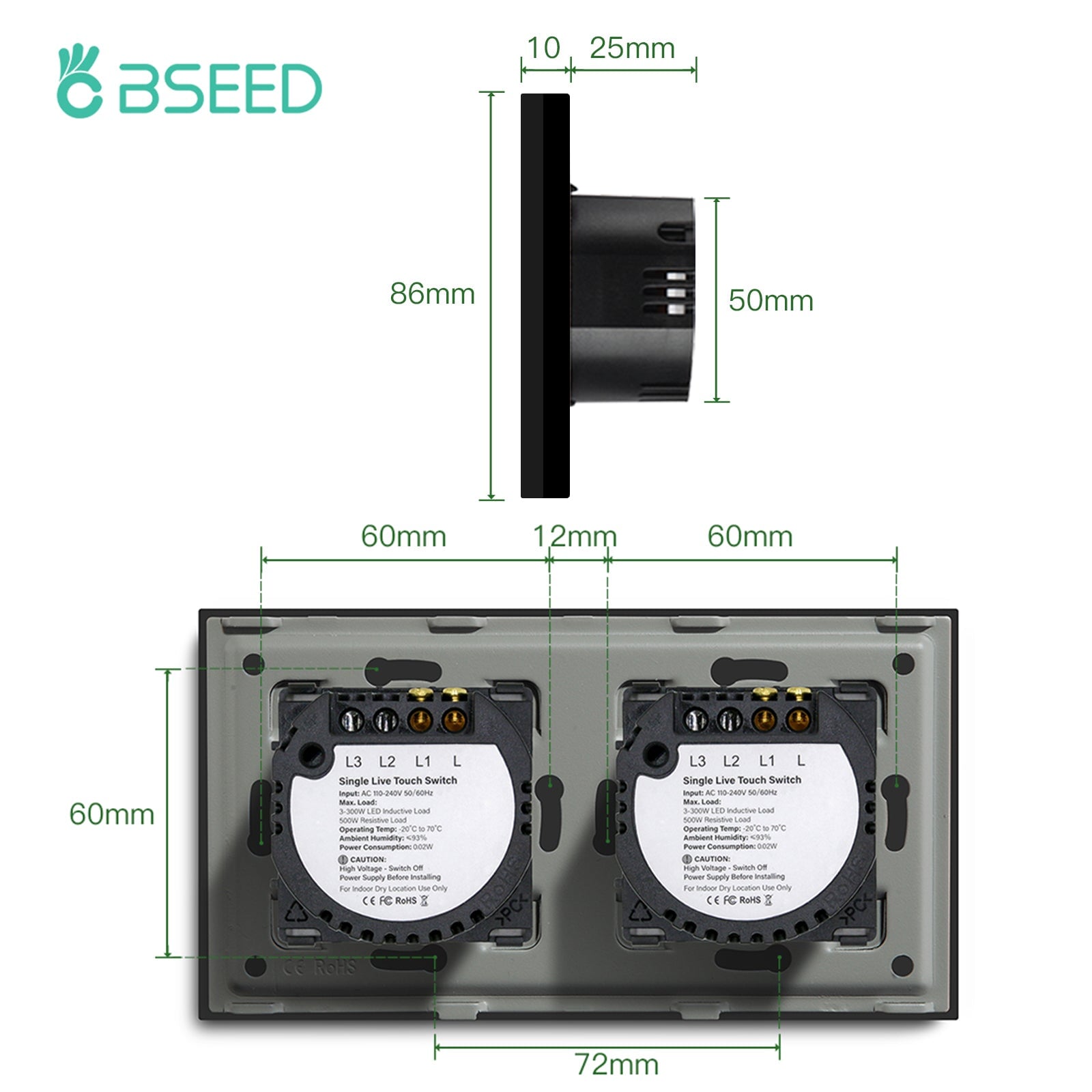 Bseed Double Touch Switch 1 Way 157mm 300W Wall Plates & Covers Bseedswitch 