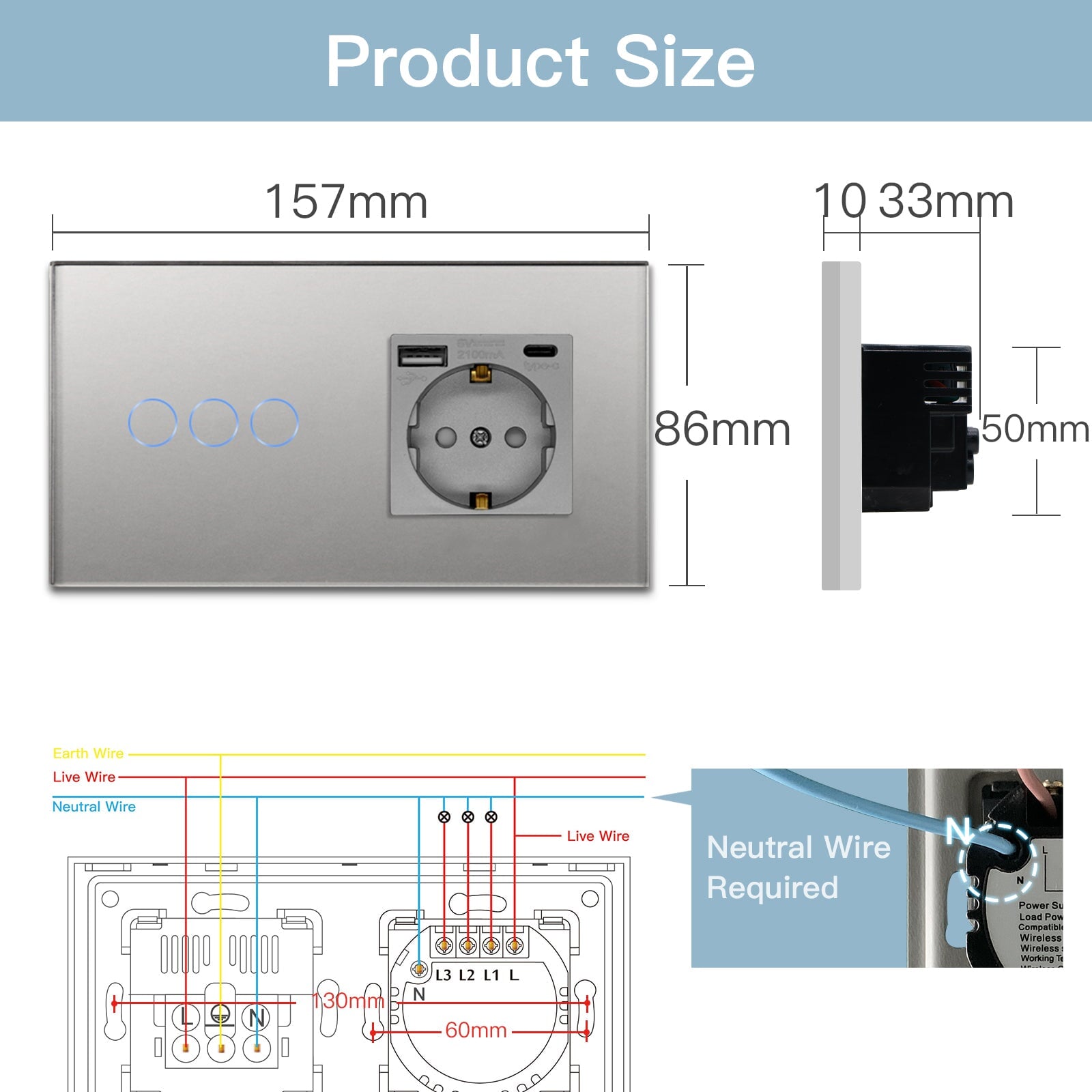 BSEED Smart Touch Switches 1/2/3Gang Wifi Light Switch Plus EU Wall USB Socket Type-c Smart Life Google Alexa App Control Light Switches Bseedswitch 