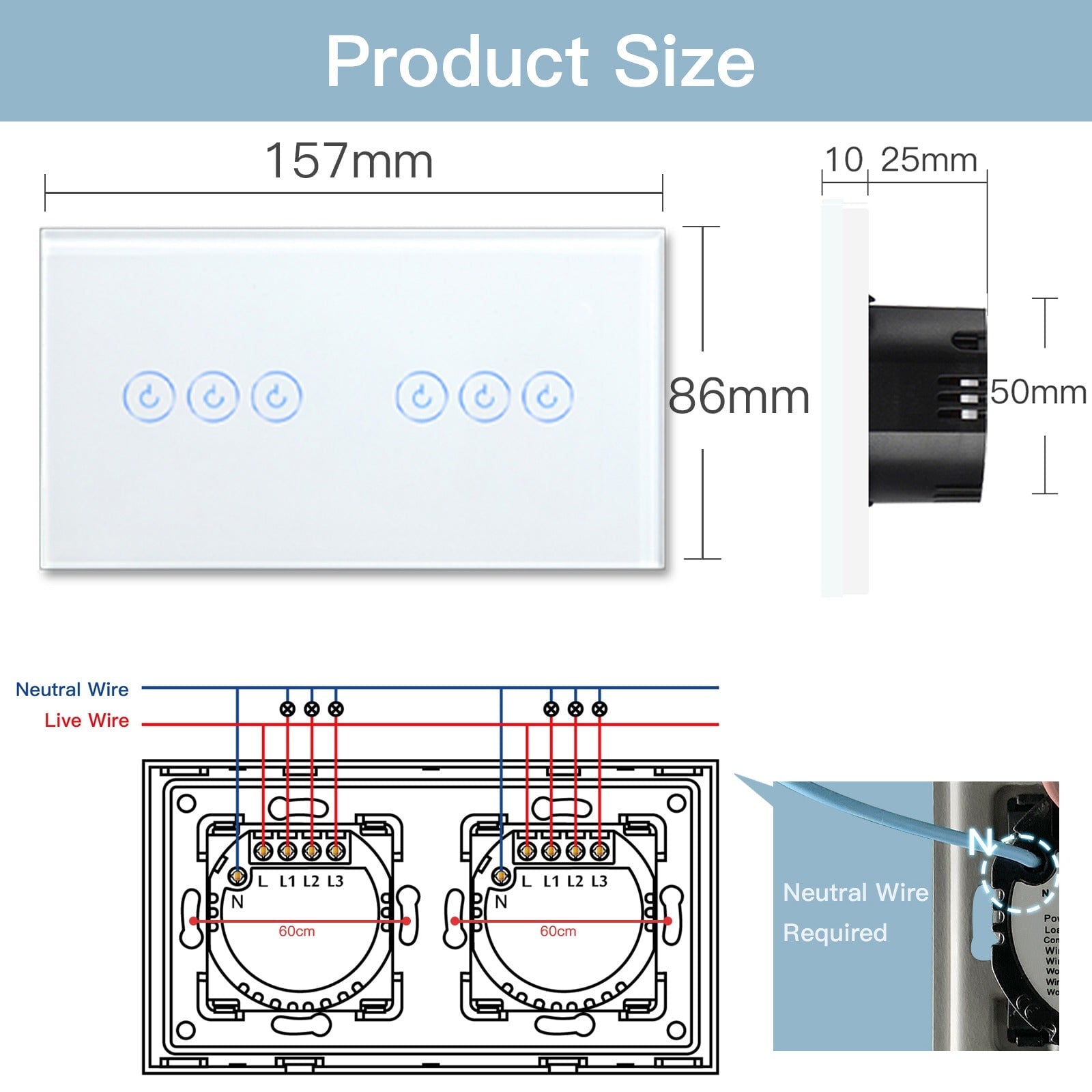 Bseed WiFi Light Switch 1/2/3 Way Double Smart WiFi Touch Switch 157mm Without Icon Light Switches Bseedswitch 