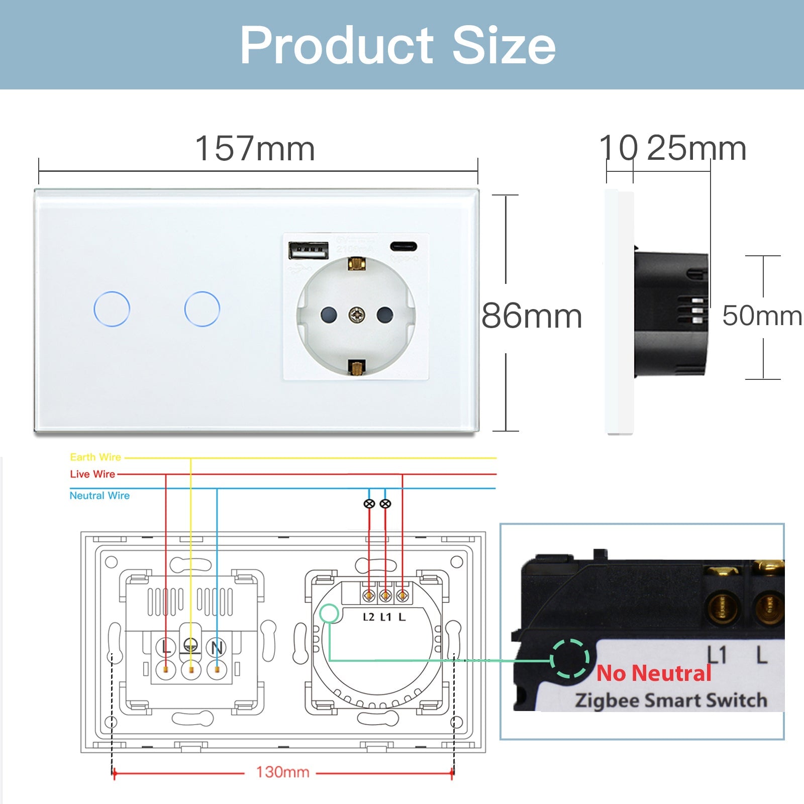 BSEED Tuya No Neutral Line Zigbee Smart Sensor Switch 1/2/3Gang Plus EU Wall Socket With Type-C USB Electric Plug Smart Life Alexa APP Control Need Gateway Power Outlets & Sockets Bseedswitch 