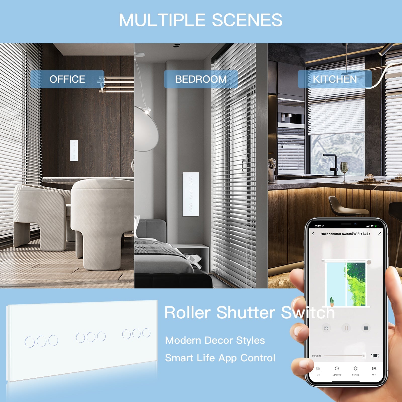 BSEED WiFi Triple Roller Shutter Switch Touch Panel Voice Control 228mm Shutters Bseedswitch 