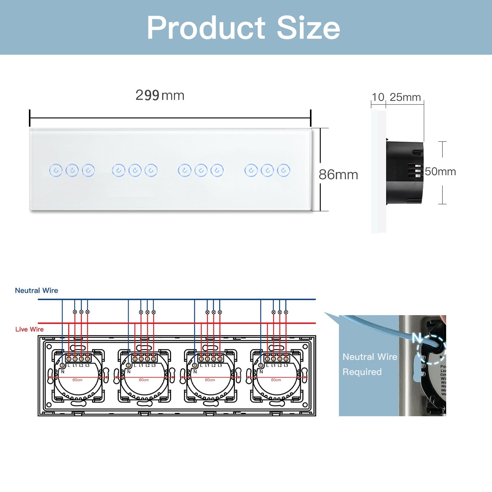 Bseed 4x WiFi 1/2/3 Gang Light Switch 299mm 照明开关 Bseedswitch 