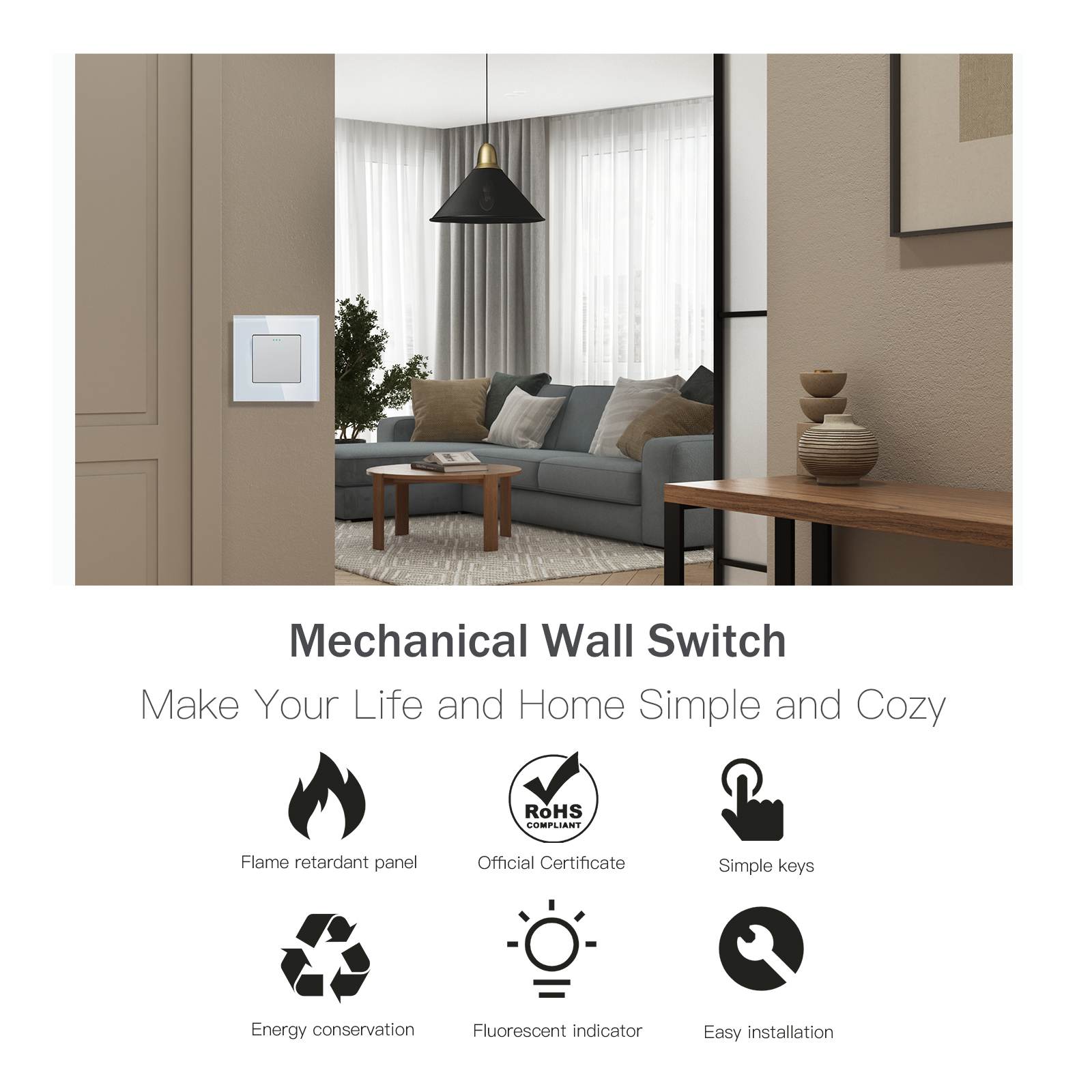 BSEED Wall Switches Automatic Rebound 1/2Gang 1Way Glass Mechanical Light Switches Reset Switches Return to Initial Position Light Switches Bseedswitch 