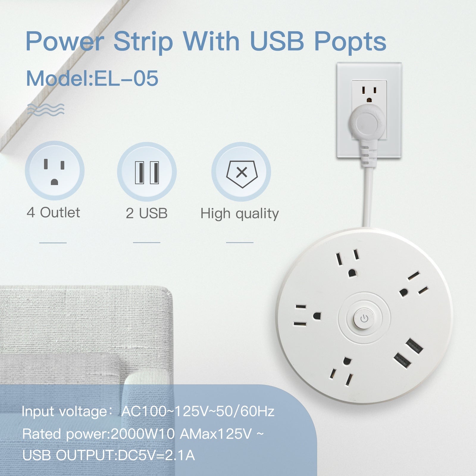 BSEED US Standard Disc Socket Quadruple Socket With USB White Color Power Outlets & Sockets Bseedswitch 