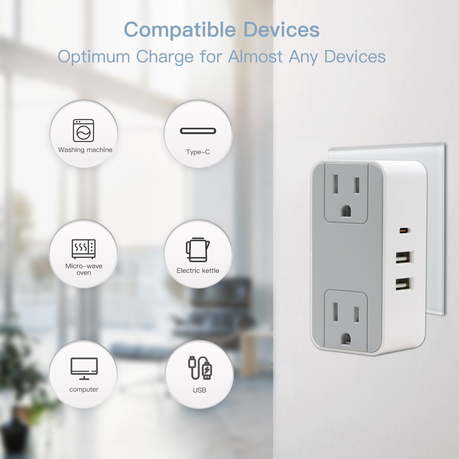 BSEED Dual Wall Socket Extender Dual USB Power Adapter Socket Type-C Phone Charing Port 5V 3A Power Outlets & Sockets Bseedswitch 