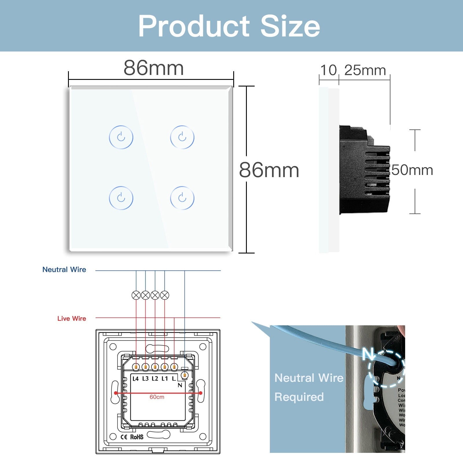 BSEED Wifi 4Gang 1/2/3 way Smart Switches Light Touch Switch Wireless Wifi Wall Switch Support Tuya Google Smart Life Light Switches Bseedswitch 