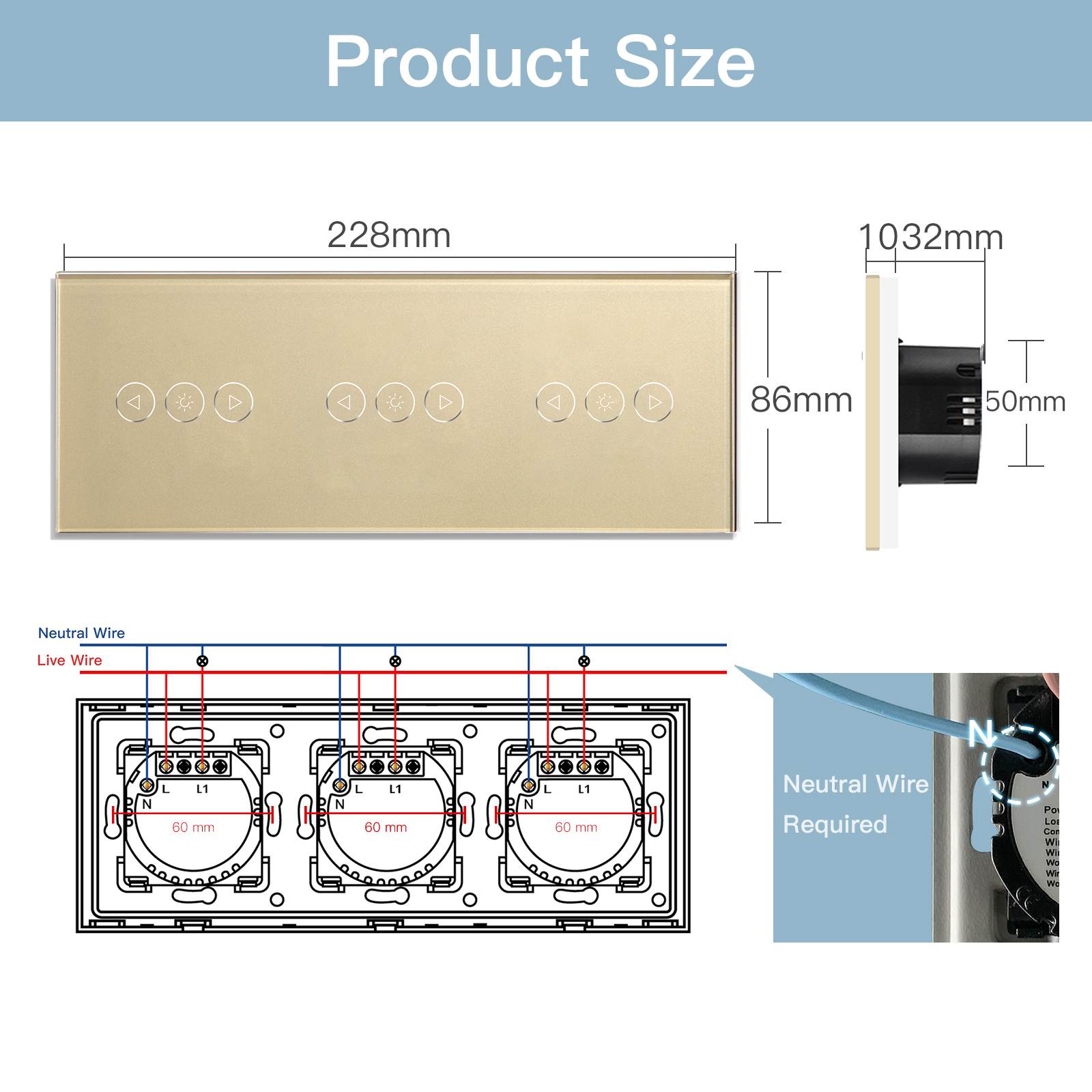 Bseed triple WiFi Touch Dimmer Switch 228mm Crystal Glass Panel Smart Blind Work With Tuya App Switch Bseedswitch 