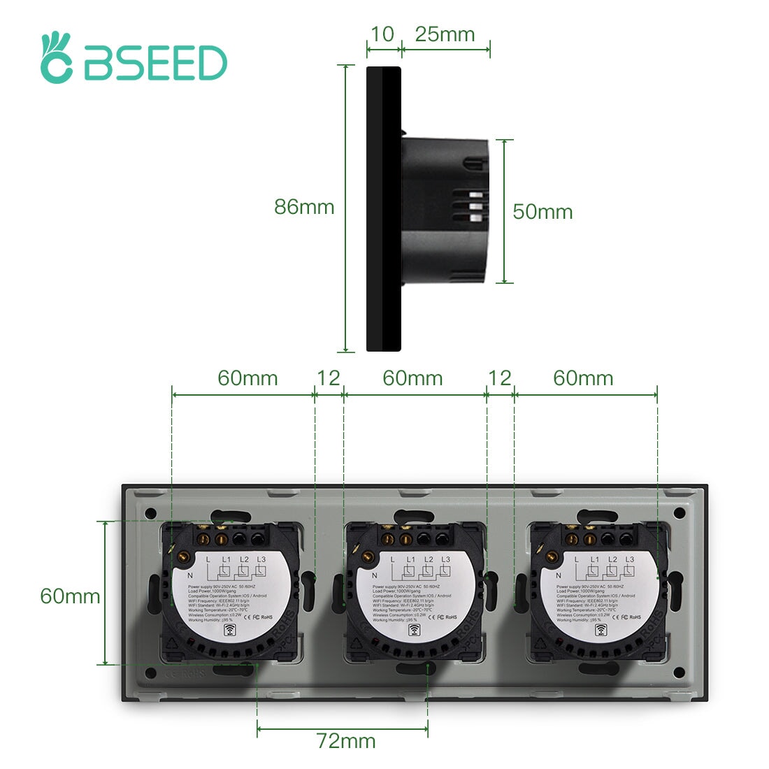 Bseed WiFi Light Switch Triple Switch 1/2/3 Way 228mm Alexa Google Smart Life Control Light Switches Bseedswitch 
