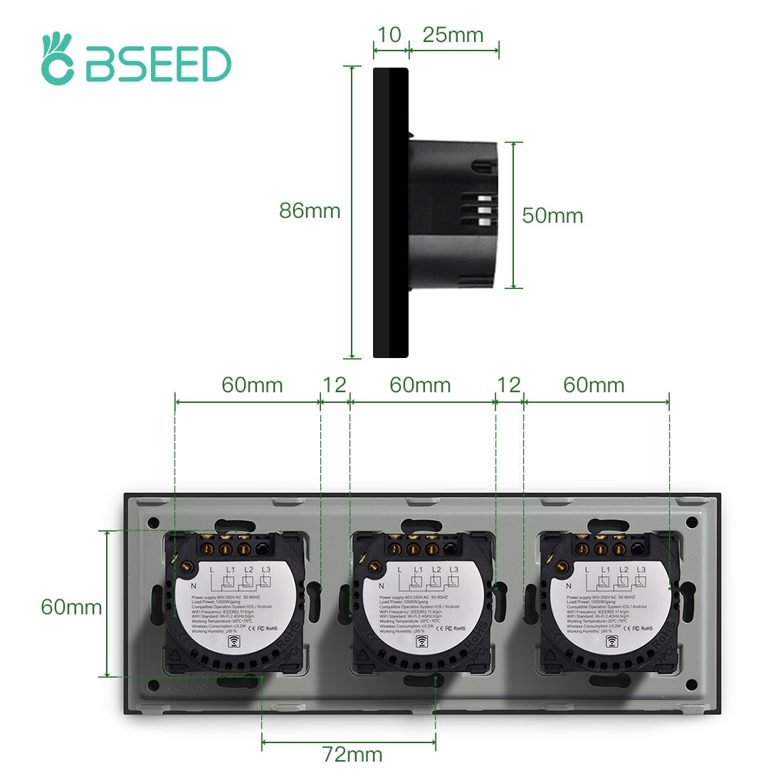 Bseed Tribe WiFi 1/2/3 Gang Light Switch 228mm Light Switches Bseedswitch 