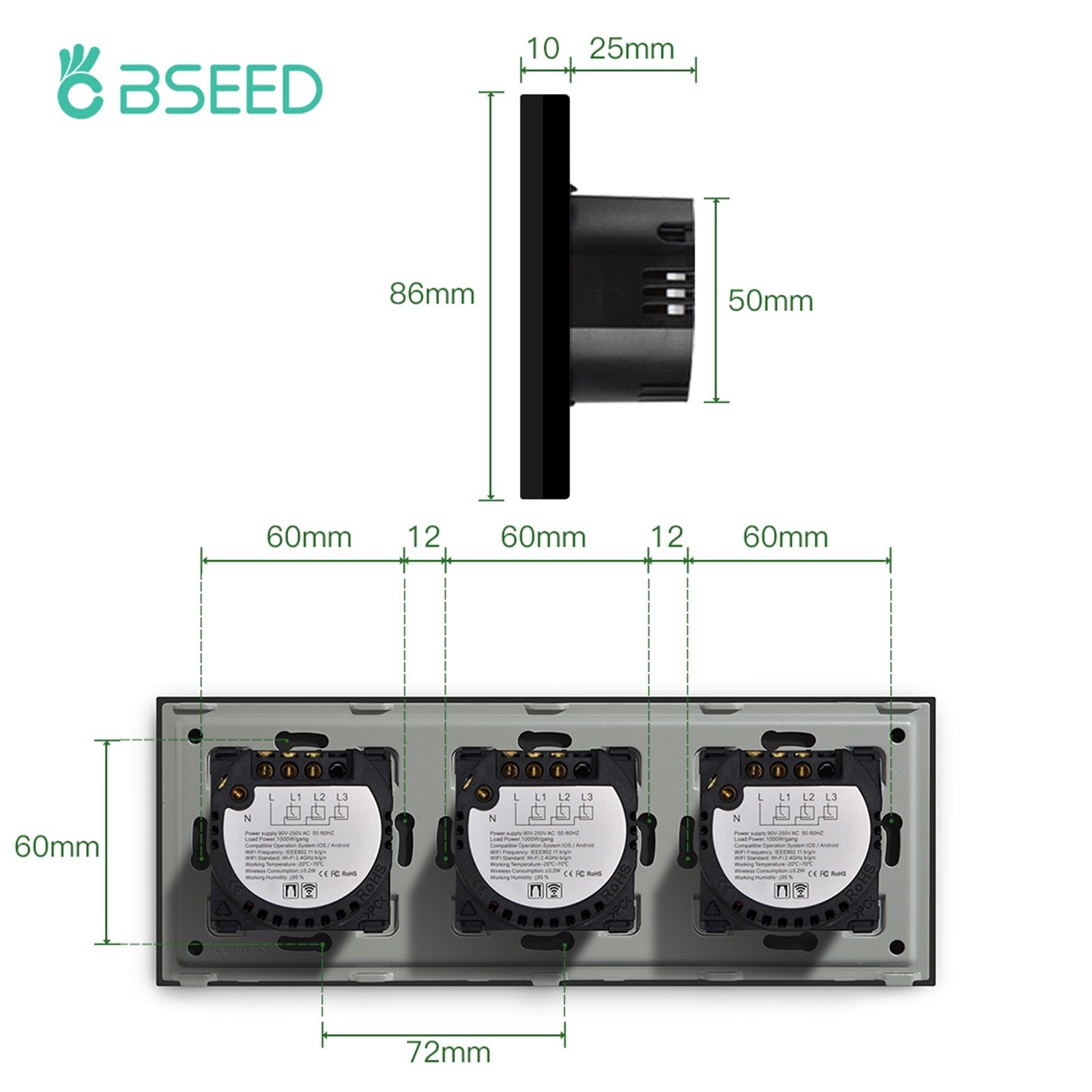 BSEED WiFi Triple Roller Shutter Switch Touch Panel Voice Control 228mm Shutters Bseedswitch 