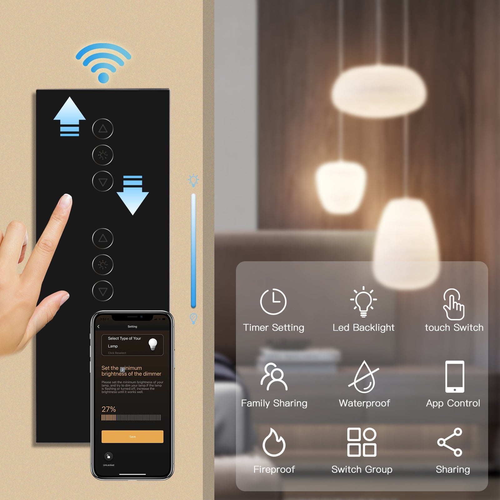 Bseed triple WiFi Touch Dimmer Switch 228mm Crystal Glass Panel Smart Blind Work With Tuya App Switch Bseedswitch 