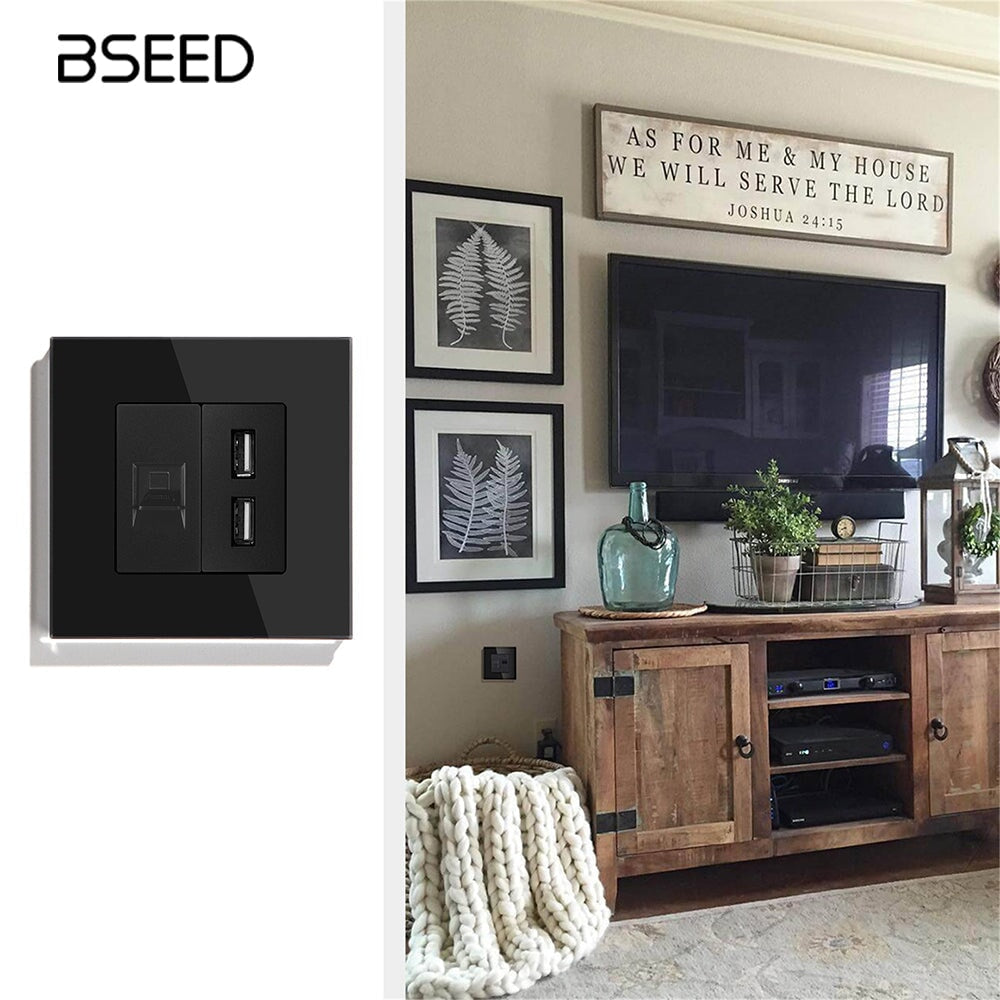 Bseed PC +USB Socket 86mm Glass PC Power Outlets Socket Tempered Crystal Panel Power Outlets & Sockets Bseedswitch 