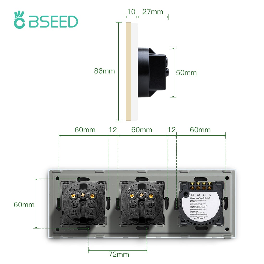 Bseed 1/2/3 Gang 1 Way Switch with Trible Socket Work Wall Plates & Covers Bseedswitch 