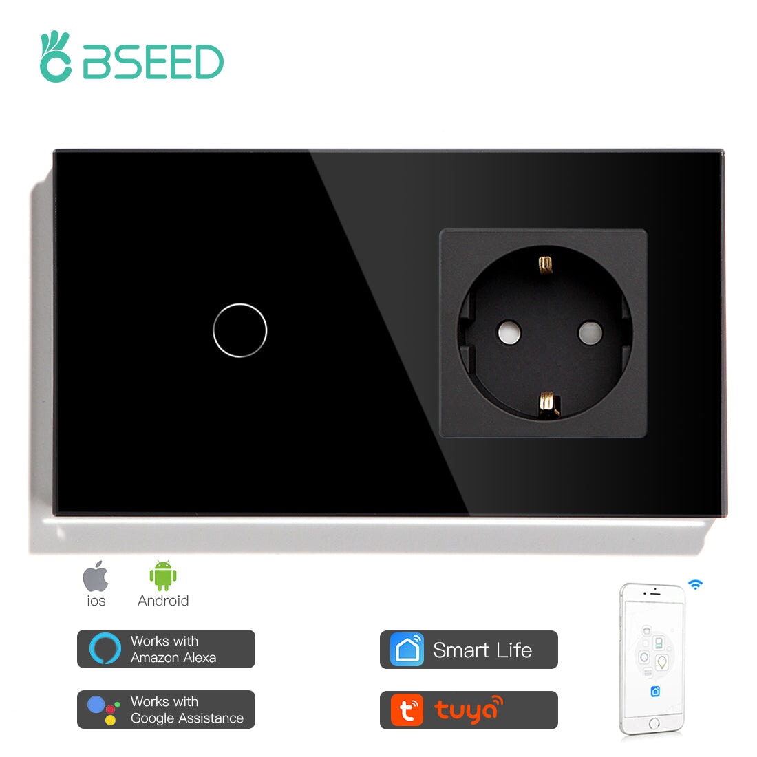 BSEED WiFi 1/2/3 Gang Light Switch With Normal EU Socket Power Outlets & Sockets Bseedswitch Black 1 Gang 