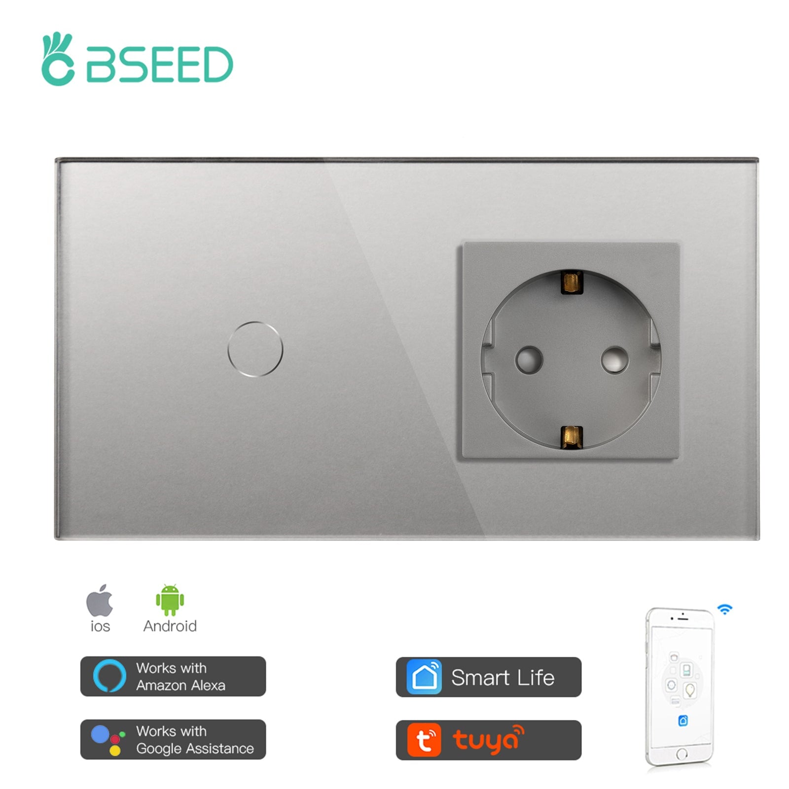 BSEED WiFi 1/2/3 Gang Light Switch With Normal EU Socket Power Outlets & Sockets Bseedswitch Grey 1 Gang 