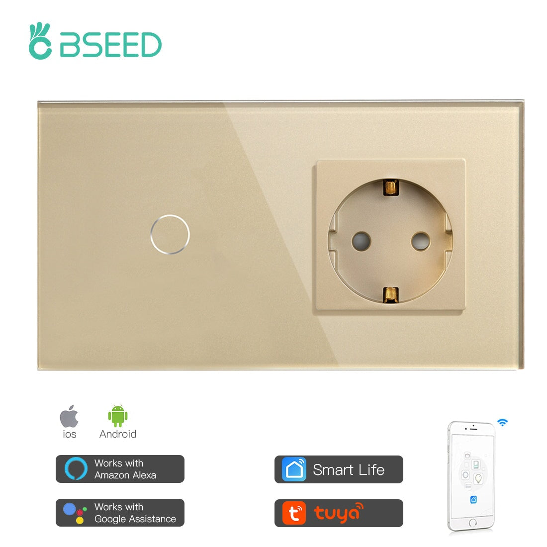 BSEED WiFi 1/2/3 Gang Light Switch With Normal EU Socket Power Outlets & Sockets Bseedswitch Gold 1 Gang 