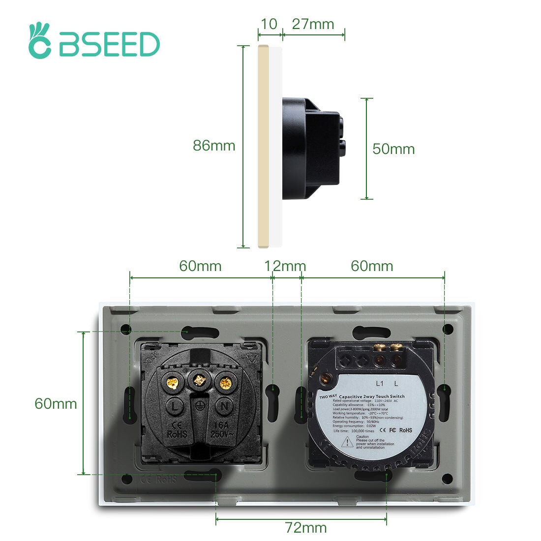 Bseed 1/2/3 Gang 1/2/3 Way Touch Light Switch with Eu Socket 300W Wall Plates & Covers Bseedswitch 