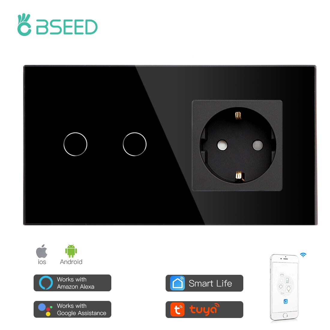 BSEED WiFi 1/2/3 Gang Light Switch With Normal EU Socket Power Outlets & Sockets Bseedswitch Black 2 Gang 