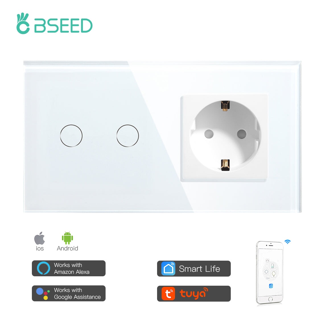 BSEED WiFi 1/2/3 Gang Light Switch With Normal EU Socket Power Outlets & Sockets Bseedswitch White 2 Gang 