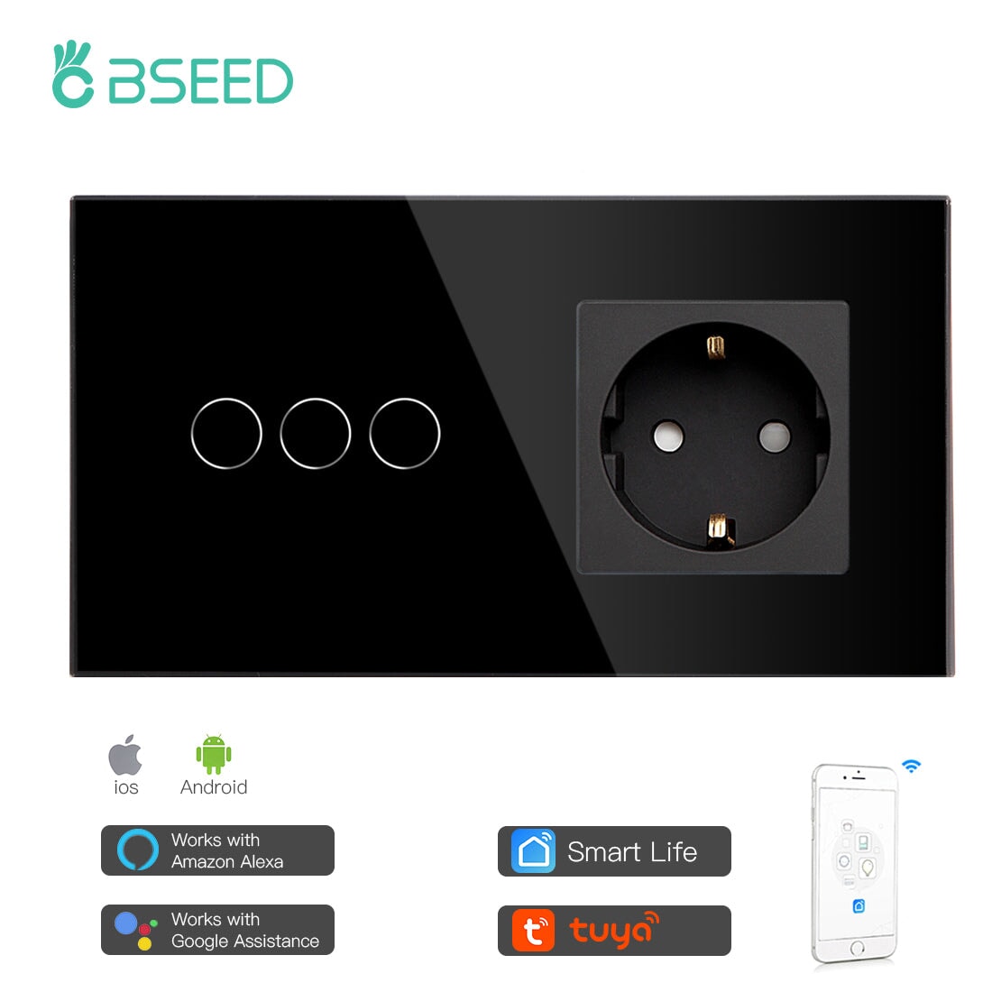 BSEED WiFi 1/2/3 Gang Light Switch With Normal EU Socket Power Outlets & Sockets Bseedswitch Black 3 Gang 