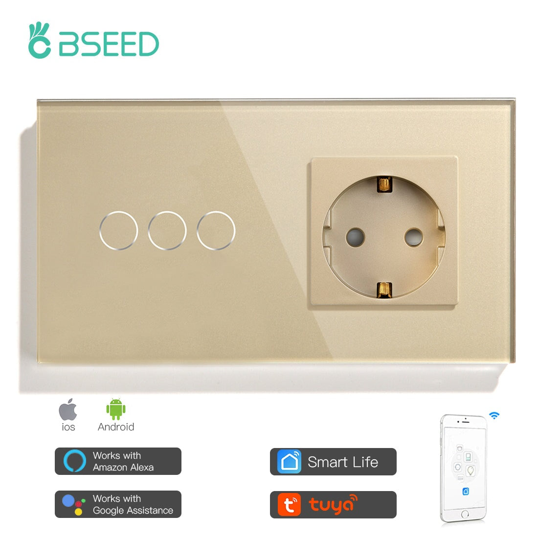 BSEED WiFi 1/2/3 Gang Light Switch With Normal EU Socket Power Outlets & Sockets Bseedswitch Gold 3 Gang 