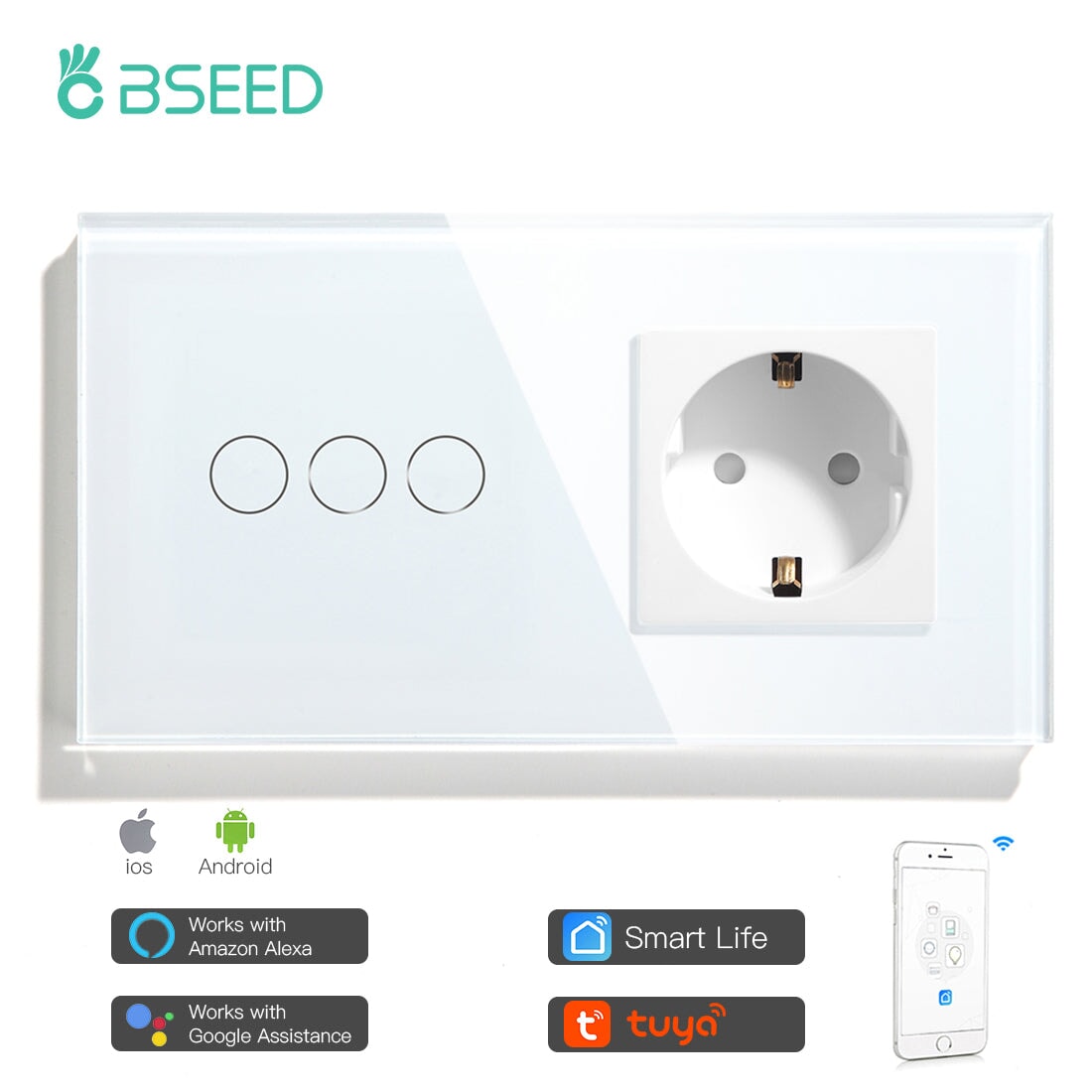 BSEED WiFi 1/2/3 Gang Light Switch With Normal EU Socket Power Outlets & Sockets Bseedswitch White 3 Gang 