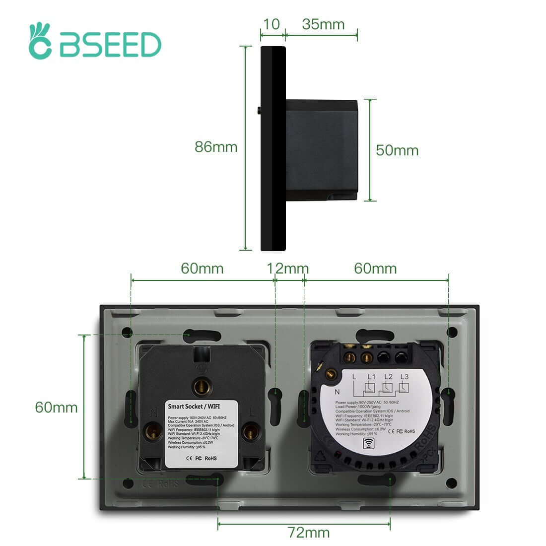 Bseed 1 Gang Smart Wifi Switch With EU Single Wifi Socket 157mm Power Outlets & Sockets Bseedswitch 