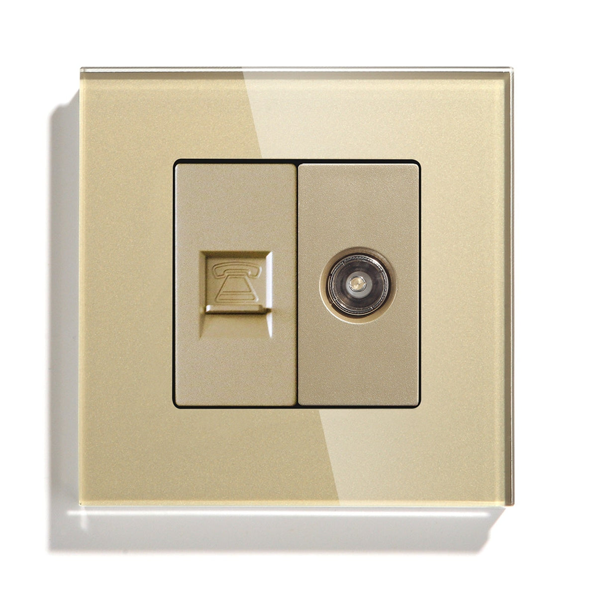 Bseed TEL +TV Socket Tempered Crystal Panel 86mm Power Outlets & Sockets Bseedswitch Golden 