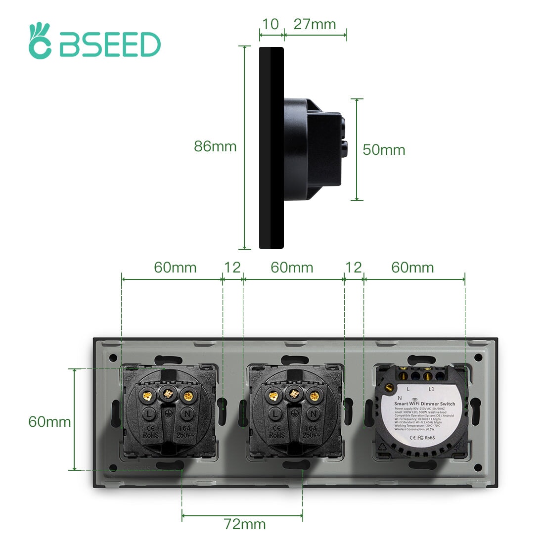 Bseed Smart WiFi Dimmer Switches With Normal EU Standard Wall Sockets 228mm Light Switches Bseedswitch 