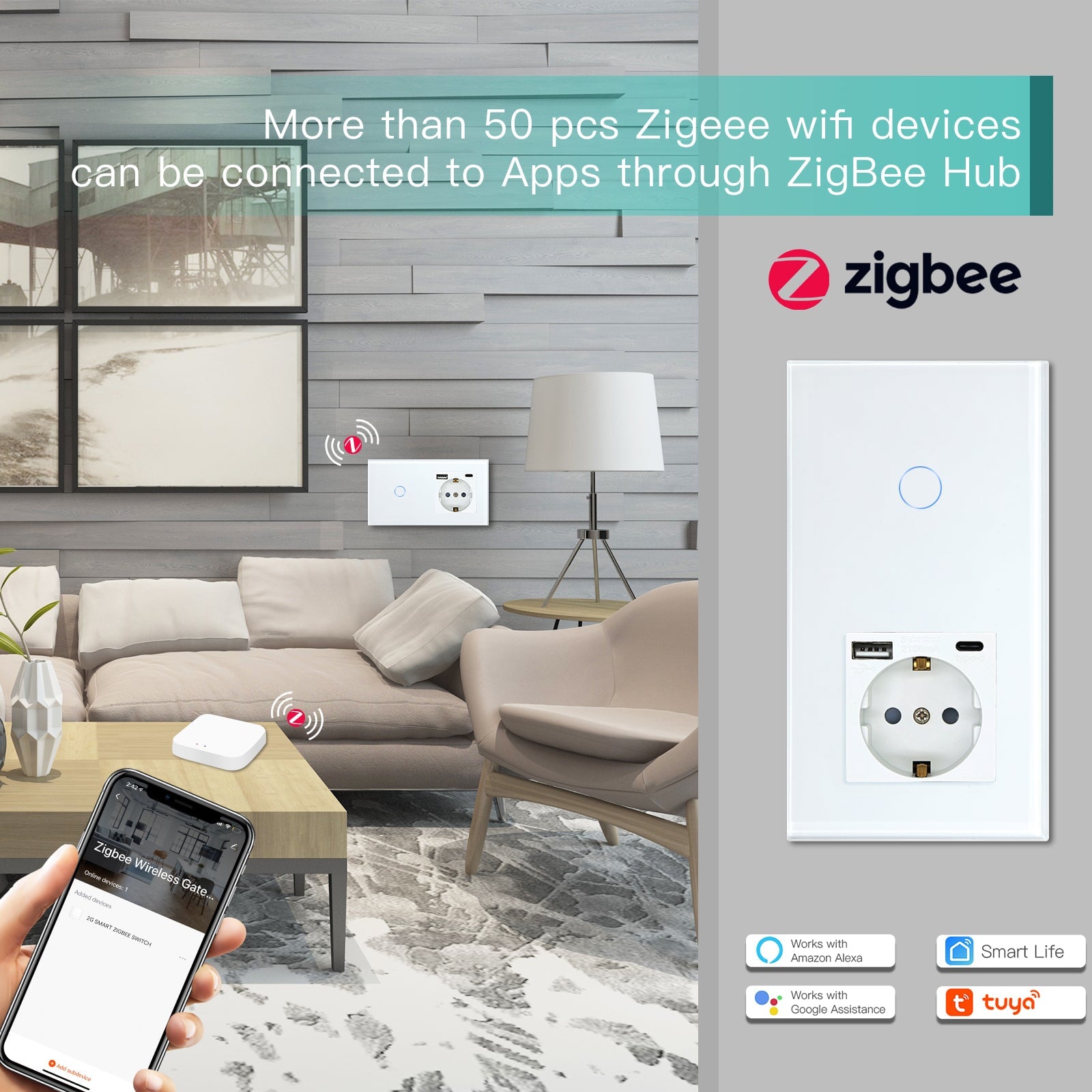 Bseed Zigbee 1/2/3 Light Switch 1/2/3 Way With EU Socket With USB and type-c Light Switches Bseedswitch 