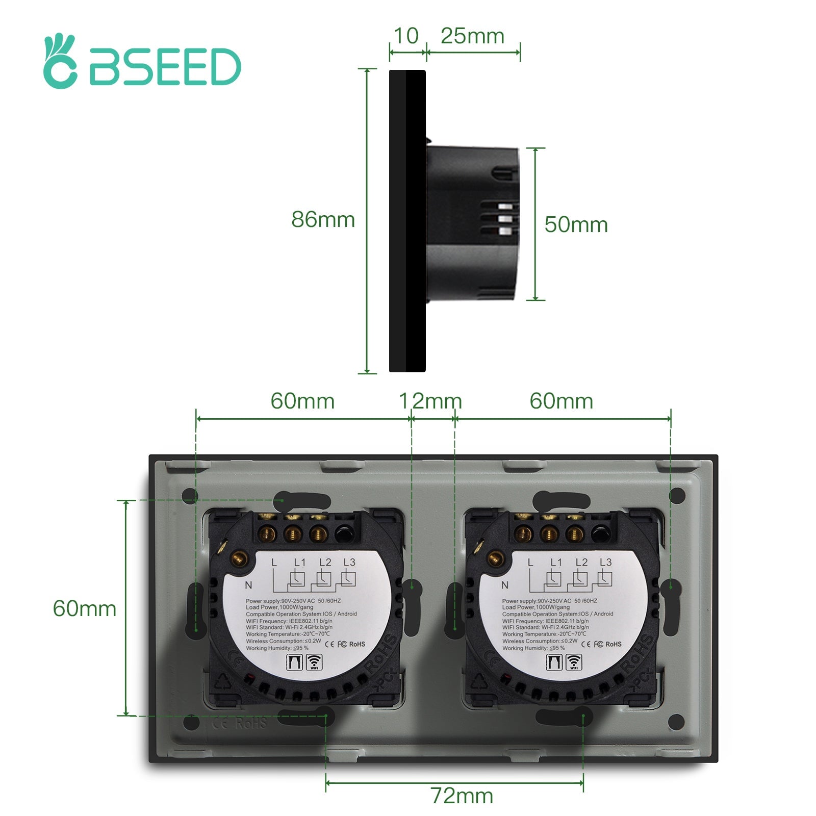 Bseed Double WiFi Touch Roller Shutter Switch 157mm Crystal Glass Panel Smart Blind Work With Tuya App Bseedswitch 