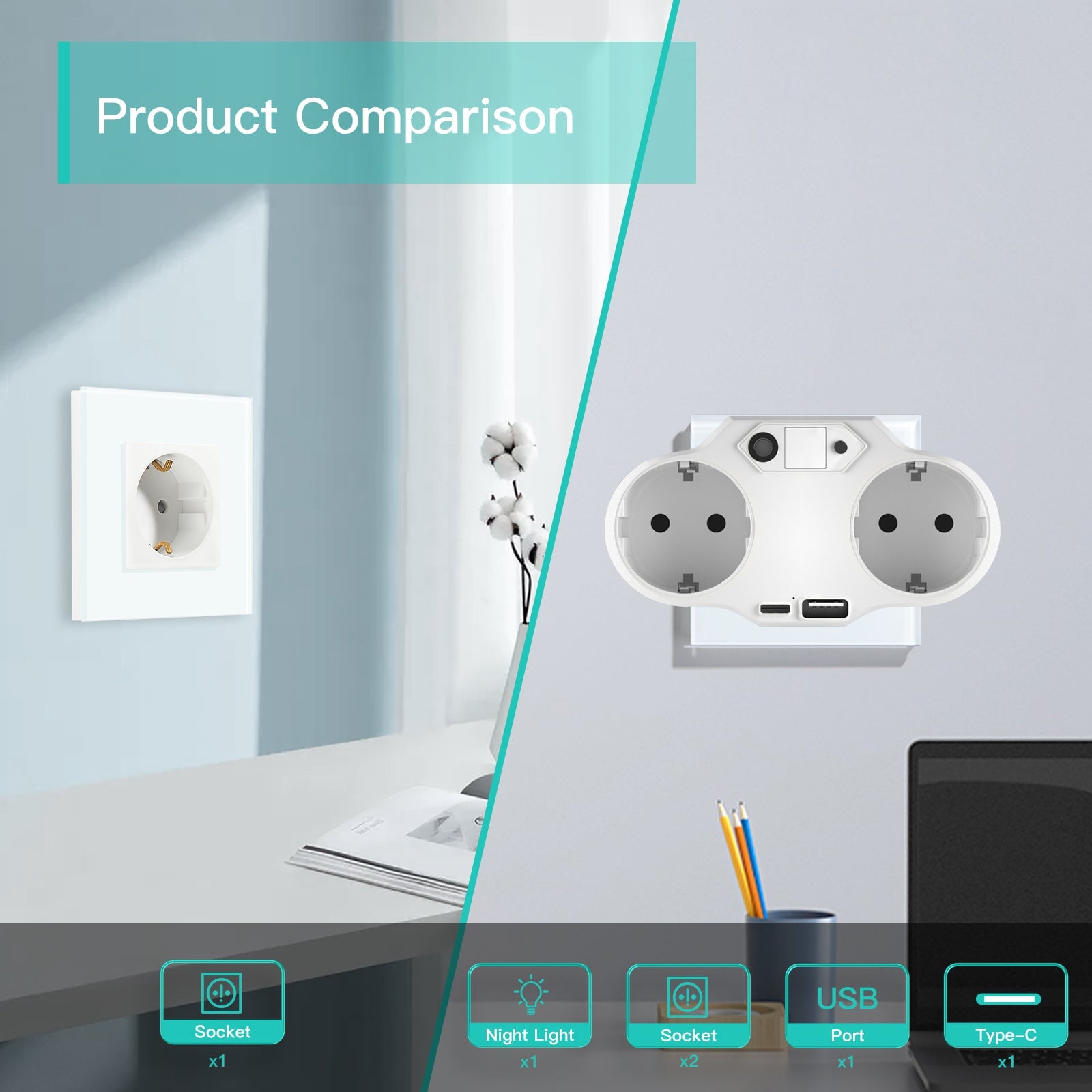 BSEED Socket With Type-C USB Sockets 3.5A Power Conversion Adapter EU Double Outlets Phone Charging Ports Plug Bseedswitch 