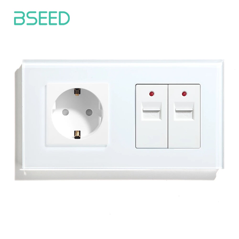 BSEED EU Standard Socket With Double USB Charger 5V 3.1A Power Wall Socket Crystal Glass Panel 100V-240V Power Outlets & Sockets Bseedswitch 