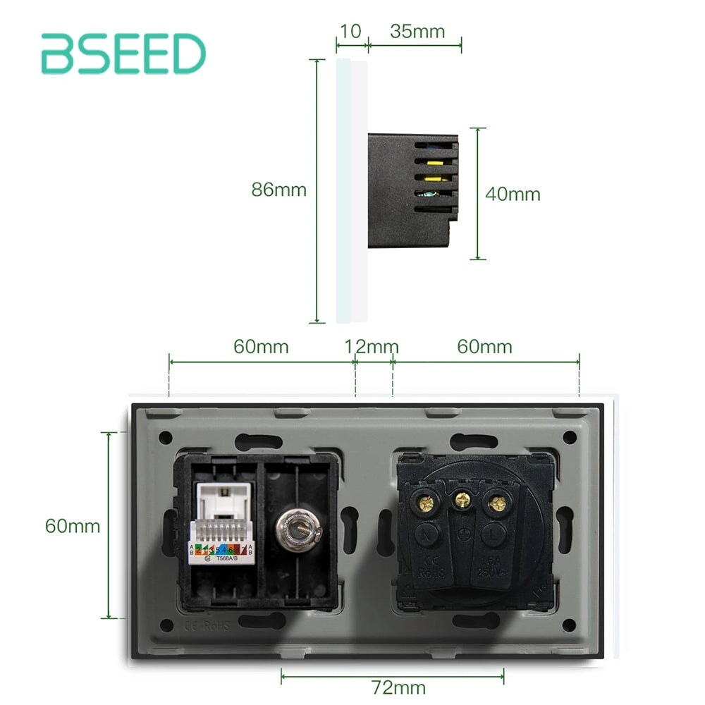 BSEED EU Standard Wall Socket With Double TV Socket Crystal Glass Panel Power Outlets & Sockets Bseedswitch 