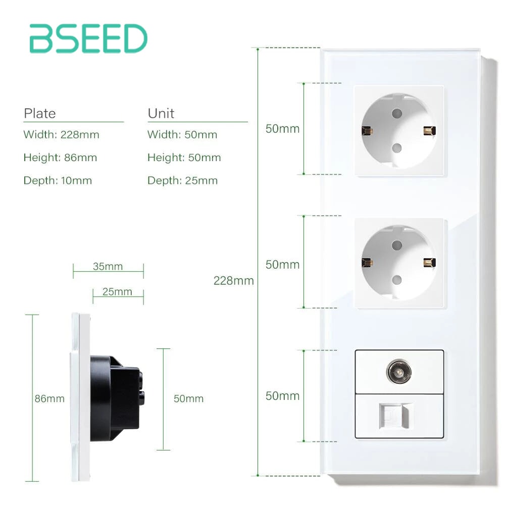 BSEED EU Standard Wall Socket With TV PC Socket Crystal Glass Panel Power Outlets & Sockets Bseedswitch 