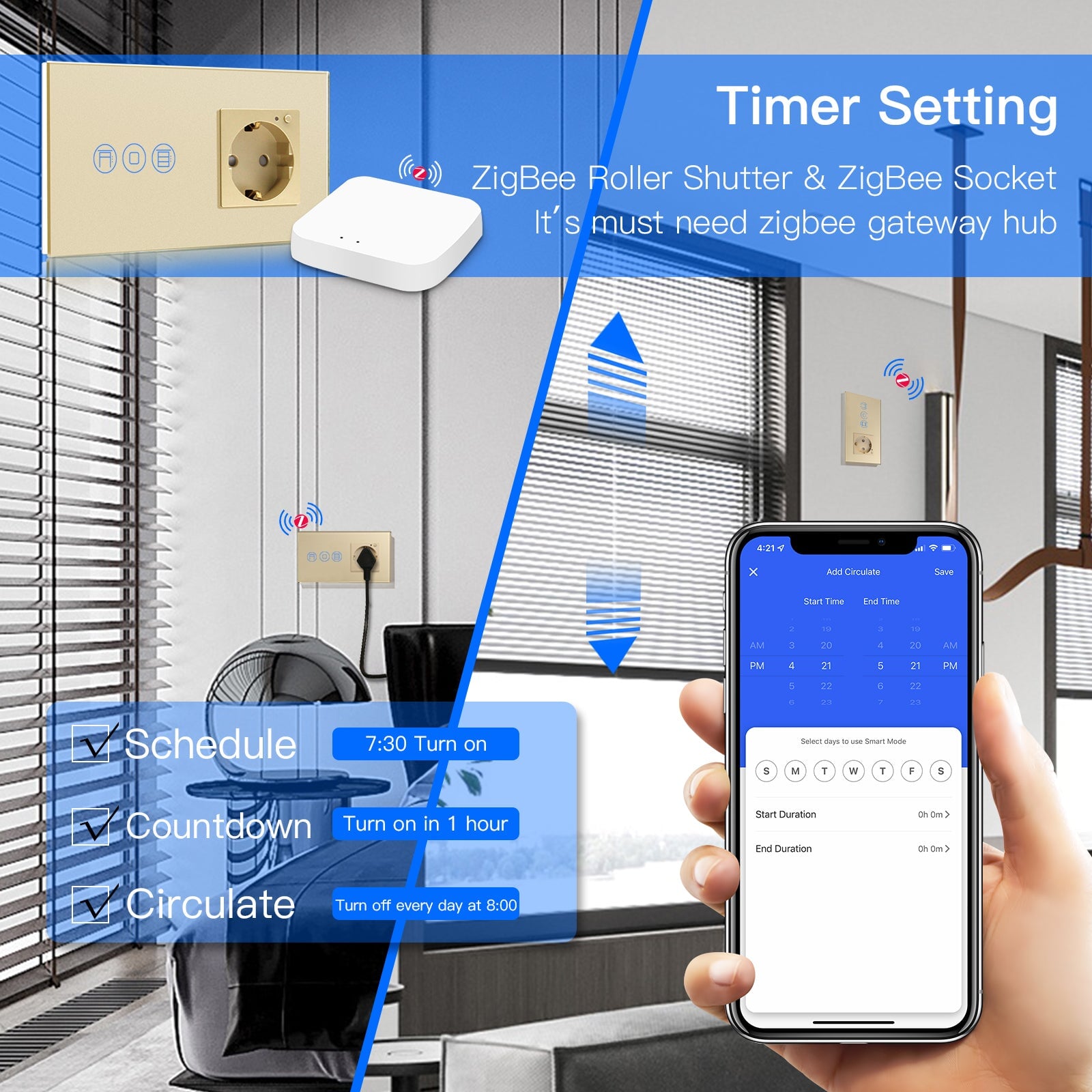 Zigbee Touch Roller Shutter Switch With Smart Socket 1/2/3 Gang 157mm Power Outlets & Sockets Bseedswitch 