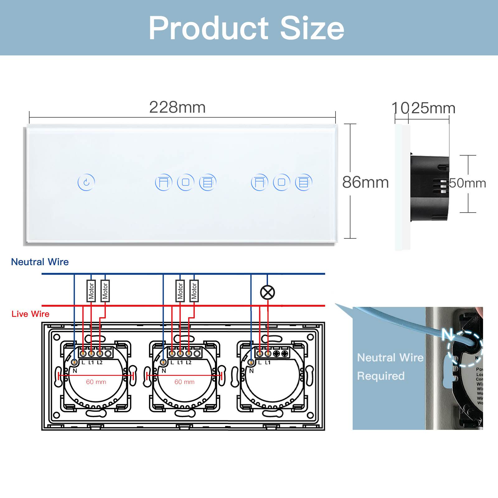 BSEED 1/2/3 Gang WiFi Switch With Double Roller Shutter Switch 228mm Light Switches Bseedswitch 