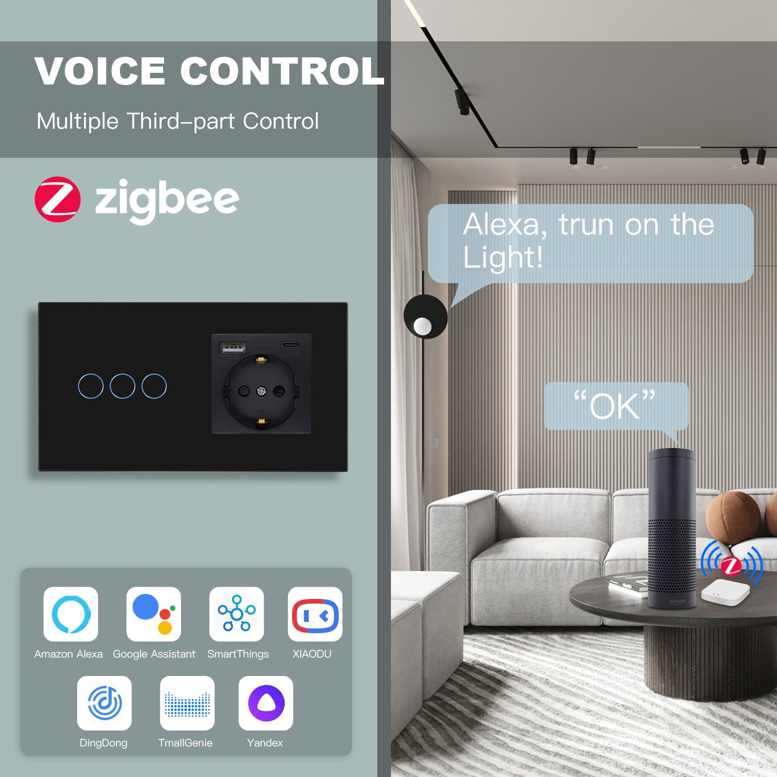 Bseed Zigbee 1/2/3 Light Switch 1/2/3 Way With EU Socket With USB and type-c Light Switches Bseedswitch 