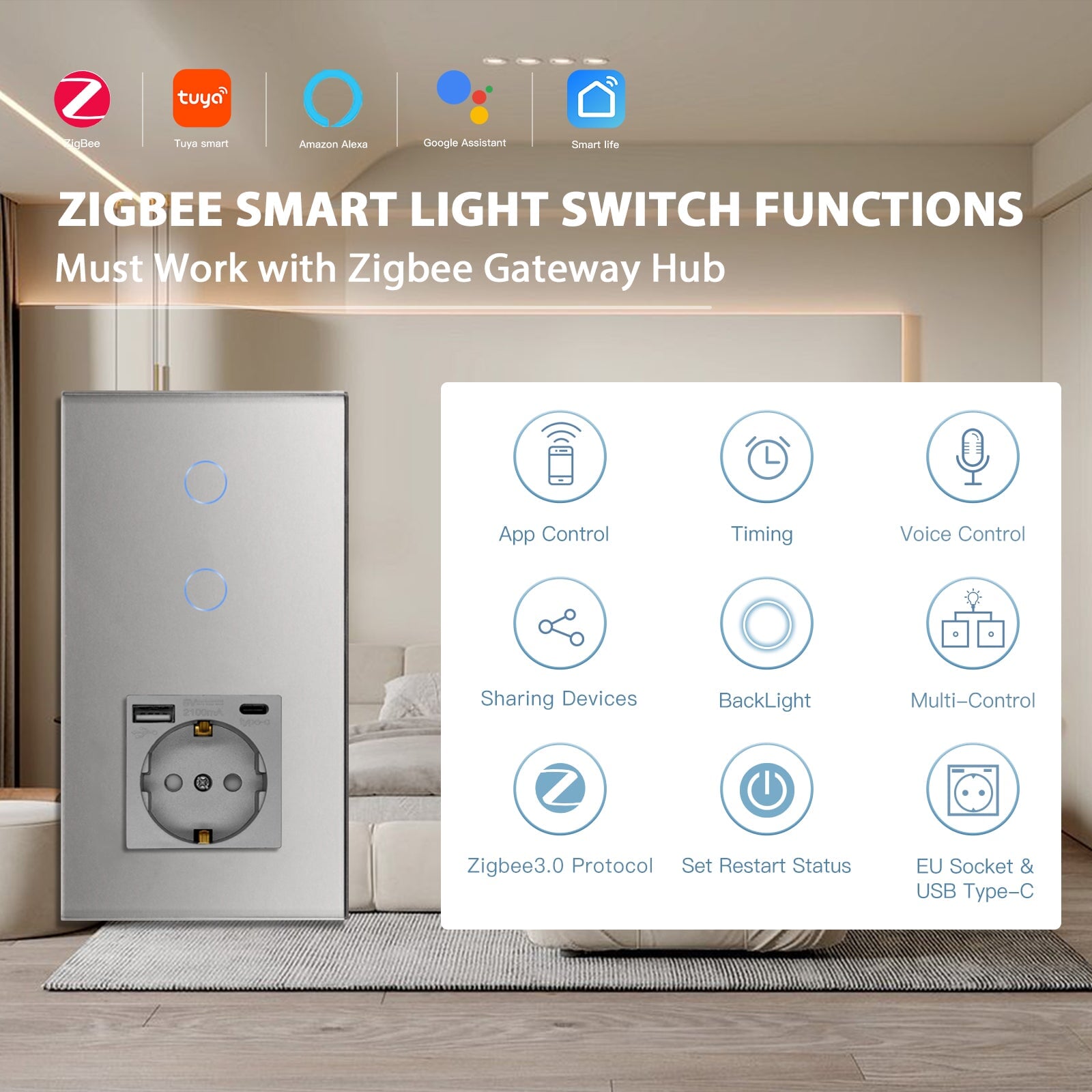 BSEED Tuya No Neutral Line Zigbee Smart Sensor Switch 1/2/3Gang Plus EU Wall Socket With Type-C USB Electric Plug Smart Life Alexa APP Control Need Gateway Power Outlets & Sockets Bseedswitch 